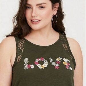 Torrid Olive Green Lace "LOVE" Tank Top - Size 1